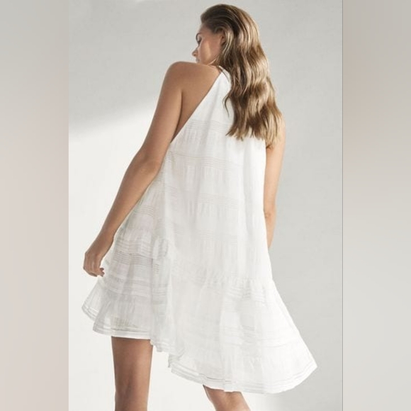 Reiss Gabriella Ruffle High Neck Linen Blend Shift Dress White 8 NWT - Picture 3 of 12